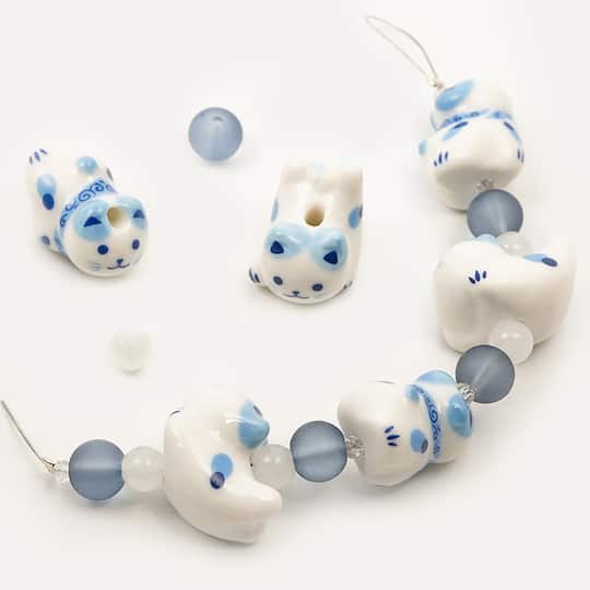 Jesse James Beads 15mm Blue & White Ceramic Cat Beads